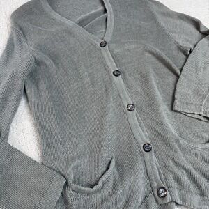 CP Shades Linen Cardigan Womens L Button Front Gray Knit Pocket Sweater $198